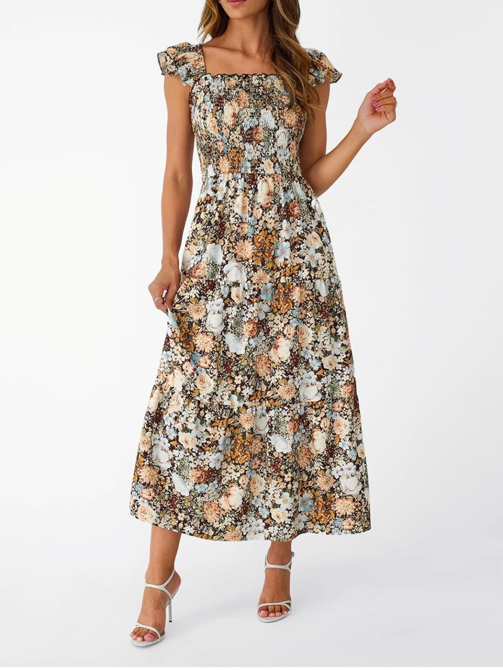 Floral Smocked Maxi Dress in Cream & Brown